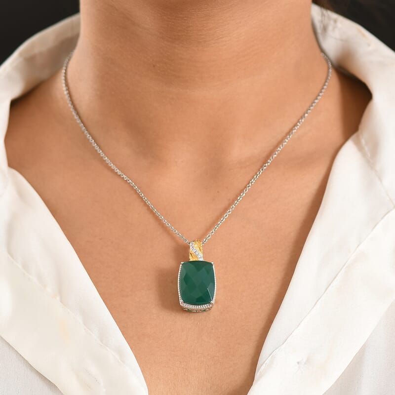 EverTrue Verde Onyx and White Zircon 14.60 ctw Pendant in 18K YG Plated and Platinum Bond with Stainless Steel Necklace 20 Inches