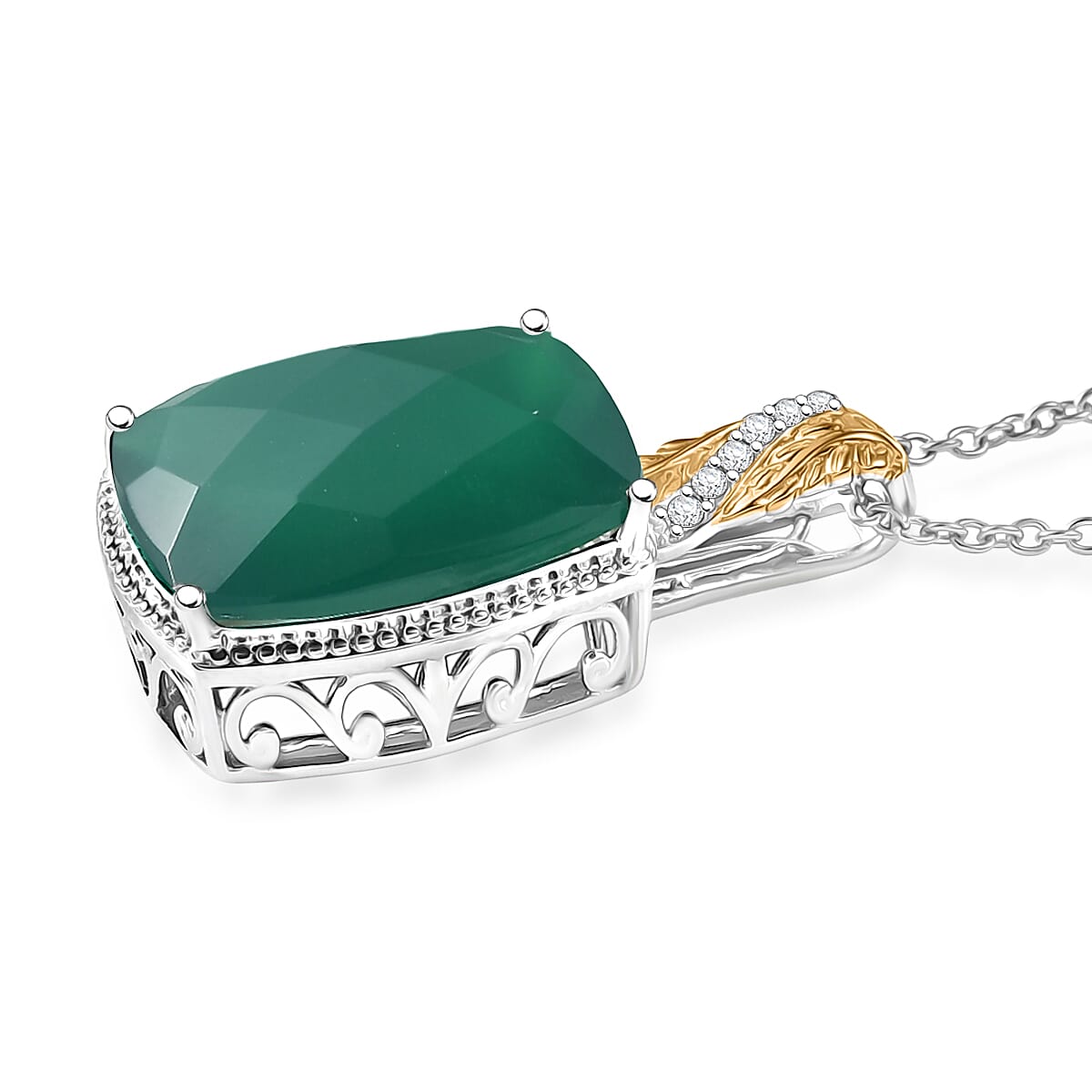 EverTrue Verde Onyx and White Zircon 14.60 ctw Pendant in 18K YG Plated and Platinum Bond with Stainless Steel Necklace 20 Inches