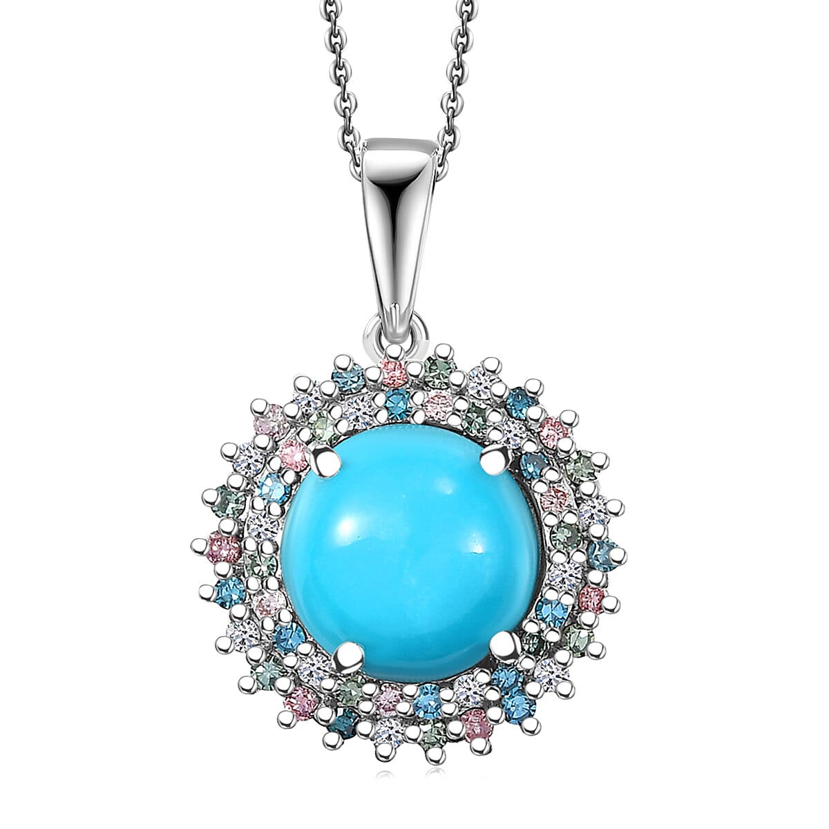 AAA Sleeping Beauty Turquoise and Luxuriant Lab Grown Multi Diamond SI 3.10 ctw Imperial Firework Pendant Necklace in Rhodium Over Sterling Silver 20 Inches (Del. in 12-15 Days)  image number 0