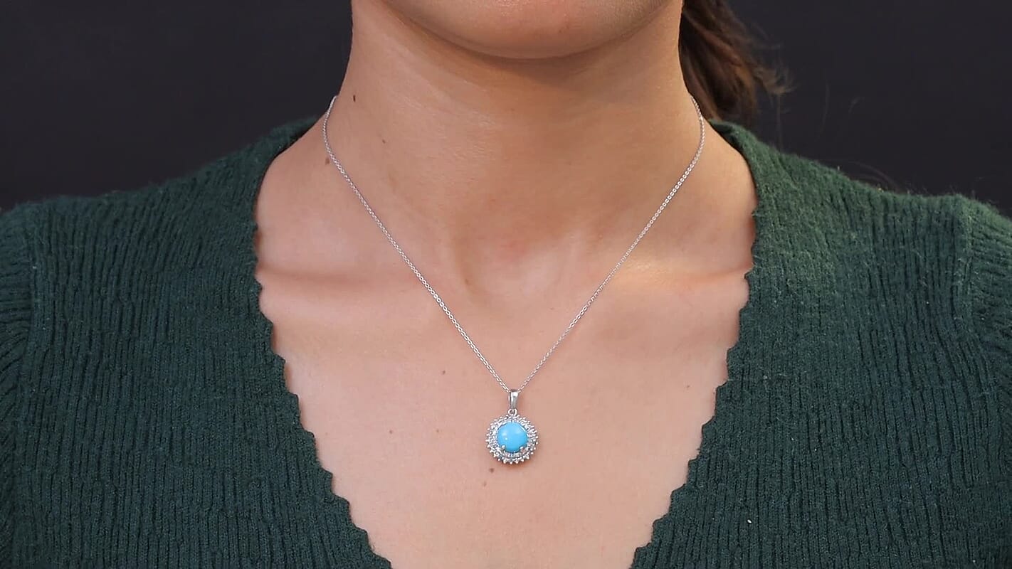 AAA Sleeping Beauty Turquoise, Lab Grown Multi Diamond Pendant Necklace in Rhodium Over Sterling Silver 3.10 ctw (20 Inches) (Del. in 12-15 Days)