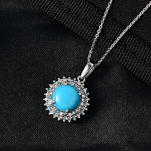 AAA Sleeping Beauty Turquoise, Lab Grown Multi Diamond Pendant Necklace in Rhodium Over Sterling Silver 3.10 ctw (20 Inches) (Del. in 12-15 Days)