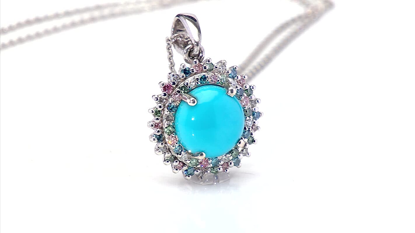 AAA Sleeping Beauty Turquoise, Lab Grown Multi Diamond Pendant Necklace in Rhodium Over Sterling Silver 3.10 ctw (20 Inches) (Del. in 12-15 Days)