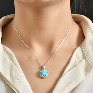 AAA Sleeping Beauty Turquoise, Lab Grown Multi Diamond Pendant Necklace in Rhodium Over Sterling Silver 3.10 ctw (20 Inches) (Del. in 12-15 Days)