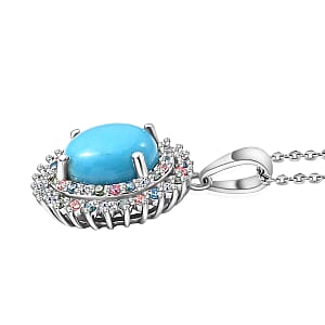 AAA Sleeping Beauty Turquoise, Lab Grown Multi Diamond Pendant Necklace in Rhodium Over Sterling Silver 3.10 ctw (20 Inches) (Del. in 12-15 Days)