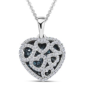 Luxuriant Lab Grown Blue Diamond and Lab Grown White Diamond SI 1.00 ctw Matrix Heart Pendant Necklace in Rhodium Over Sterling Silver 20 Inches (Del. in 7-10 Days) 
