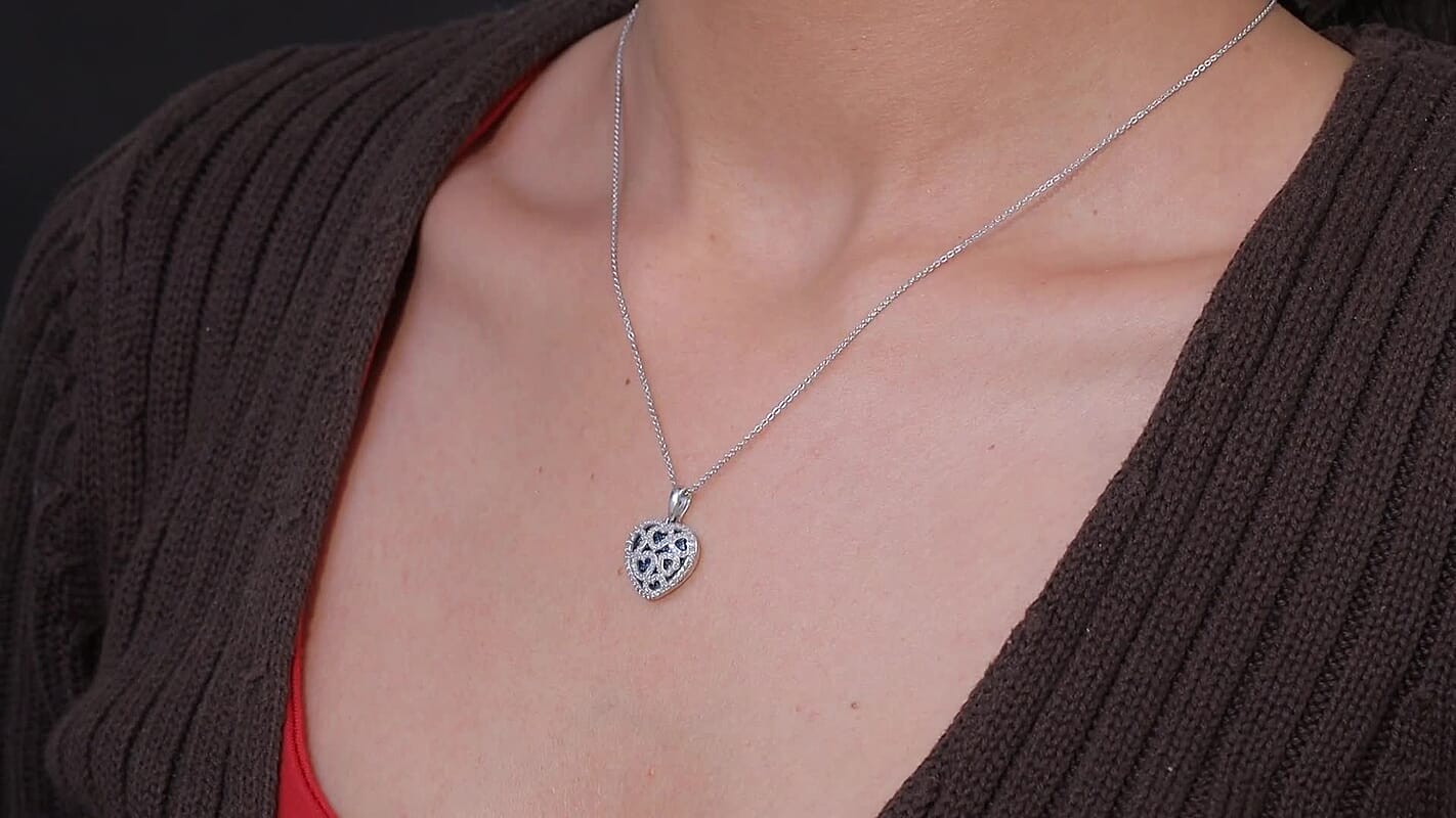 Luxuriant Lab Grown Blue Diamond and Lab Grown White Diamond SI 1.00 ctw Matrix Heart Pendant Necklace in Rhodium Over Sterling Silver 20 Inches