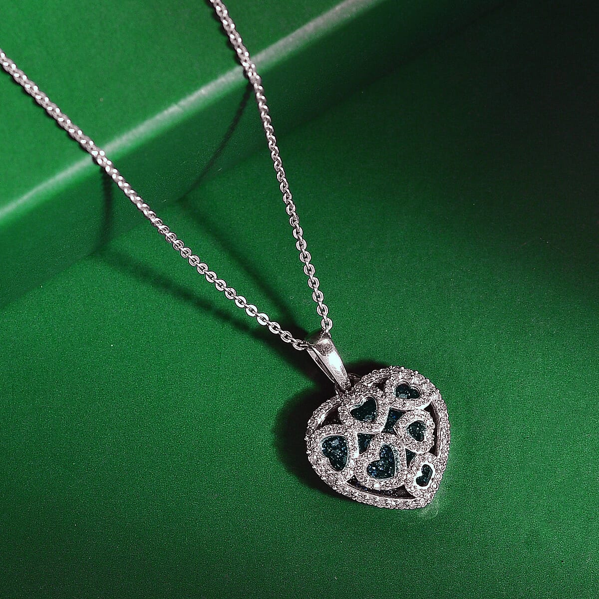 Luxuriant Lab Grown Blue Diamond and Lab Grown White Diamond SI 1.00 ctw Matrix Heart Pendant Necklace in Rhodium Over Sterling Silver 20 Inches (Del. in 7-10 Days)  image number 1