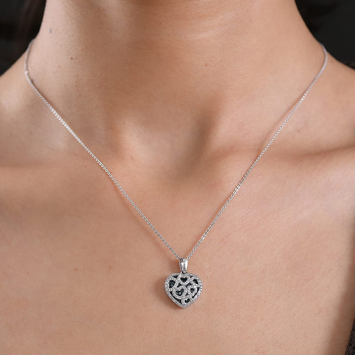 Luxuriant Lab Grown Blue Diamond and Lab Grown White Diamond SI 1.00 ctw Matrix Heart Pendant Necklace in Rhodium Over Sterling Silver 20 Inches (Del. in 7-10 Days)  image number 2