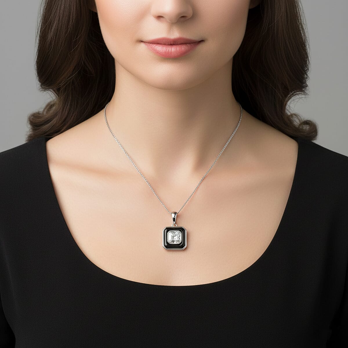 D'Joy Asscher Cut Moissanite and Black Jade (D) 3.50 ctw Pendant Necklace in Rhodium Over Sterling Silver 18 Inches image number 1