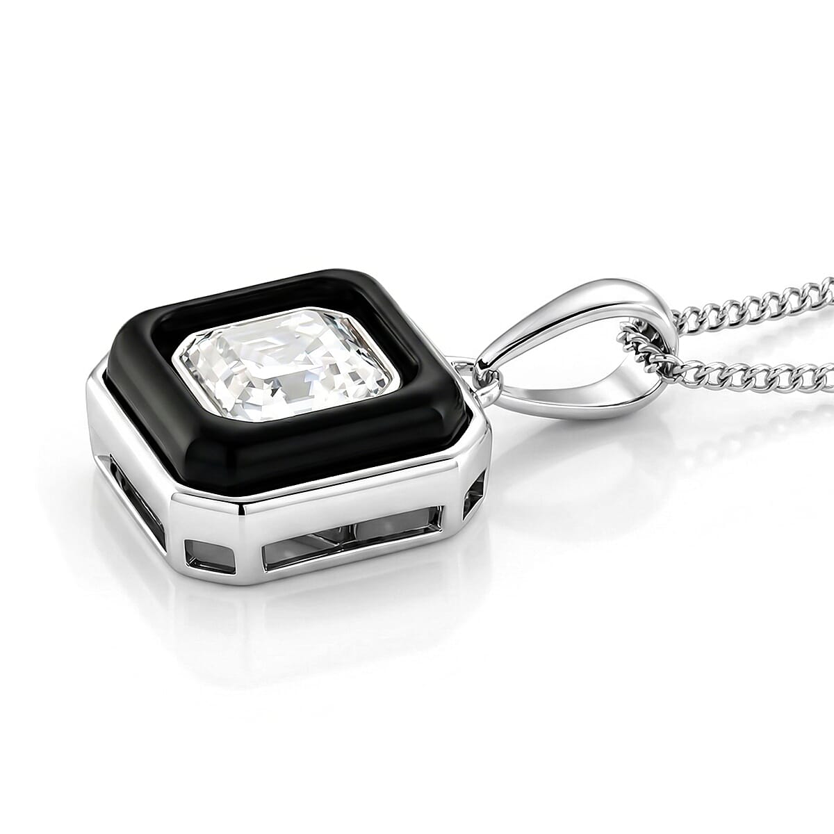 D'Joy Asscher Cut Moissanite and Black Jade (D) 3.50 ctw Pendant Necklace in Rhodium Over Sterling Silver 18 Inches image number 2