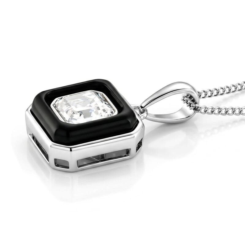 D'Joy Asscher Cut Moissanite and Black Jade (D) 3.35 ctw Midnight Spark Pendant Necklace in Rhodium Over Sterling Silver 18 Inches