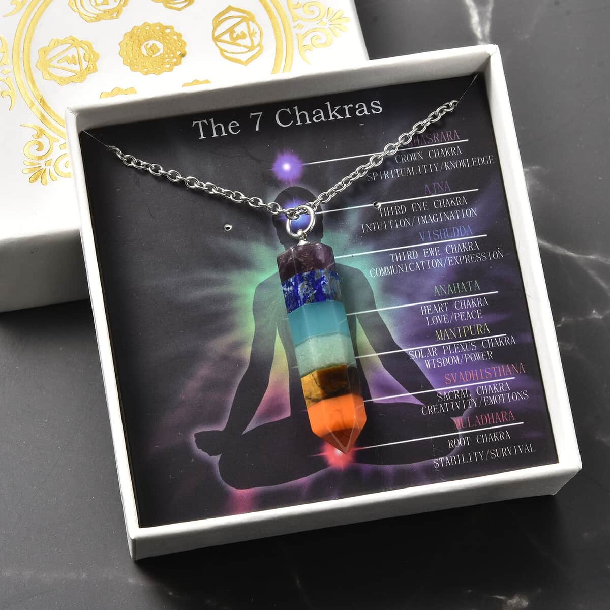 The 7 Chakras Jewelry Gift Set with Multi Gemstone Crystal Pendant Necklace (24 Inches) in Silvertone and Stainless Steel 39.50 ctw image number 0