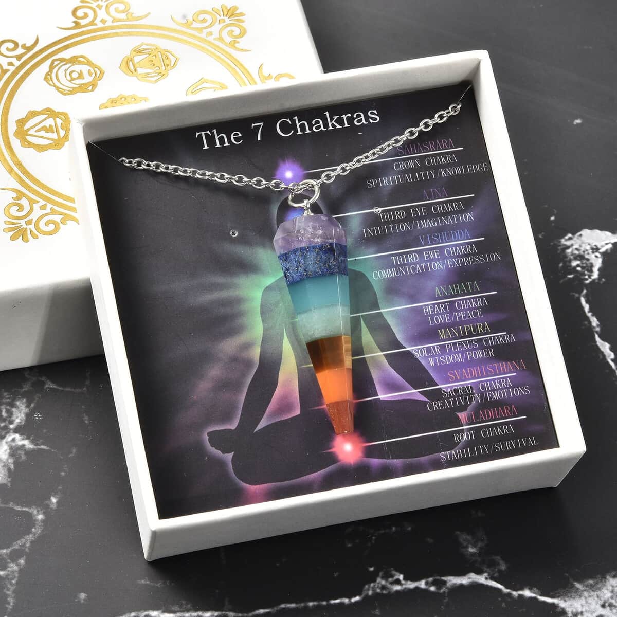 The 7 Chakras Jewelry Gift Set with Multi Gemstone Conical Crystal Pendant Necklace (24 Inches) in Silvertone and Stainless Steel 39.50 ctw image number 0