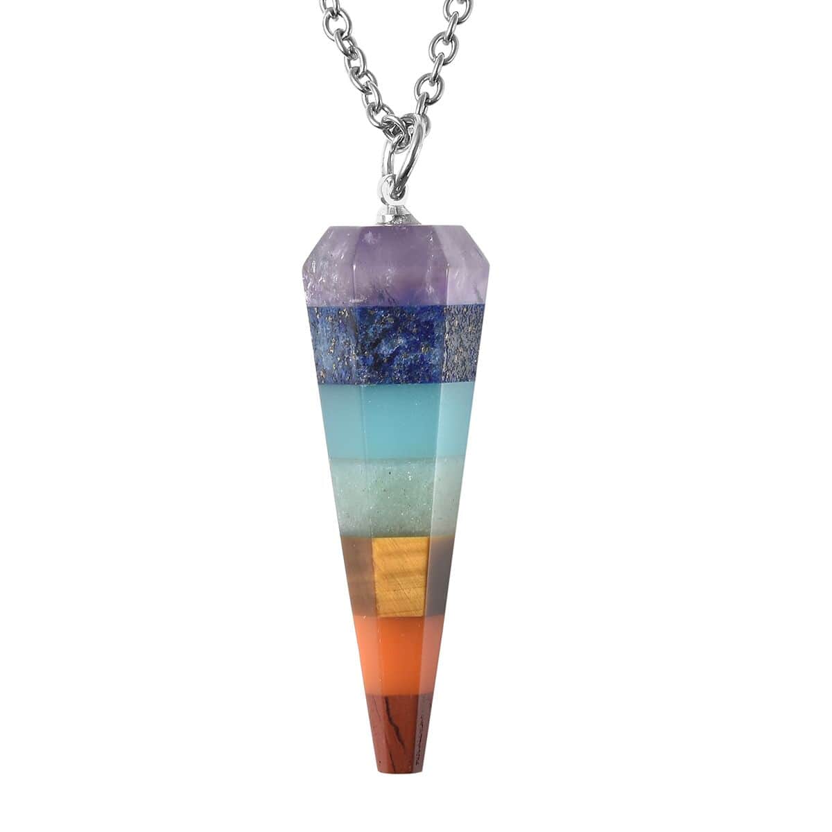 The 7 Chakras Jewelry Gift Set with Multi Gemstone Conical Crystal Pendant Necklace (24 Inches) in Silvertone and Stainless Steel 39.50 ctw image number 1