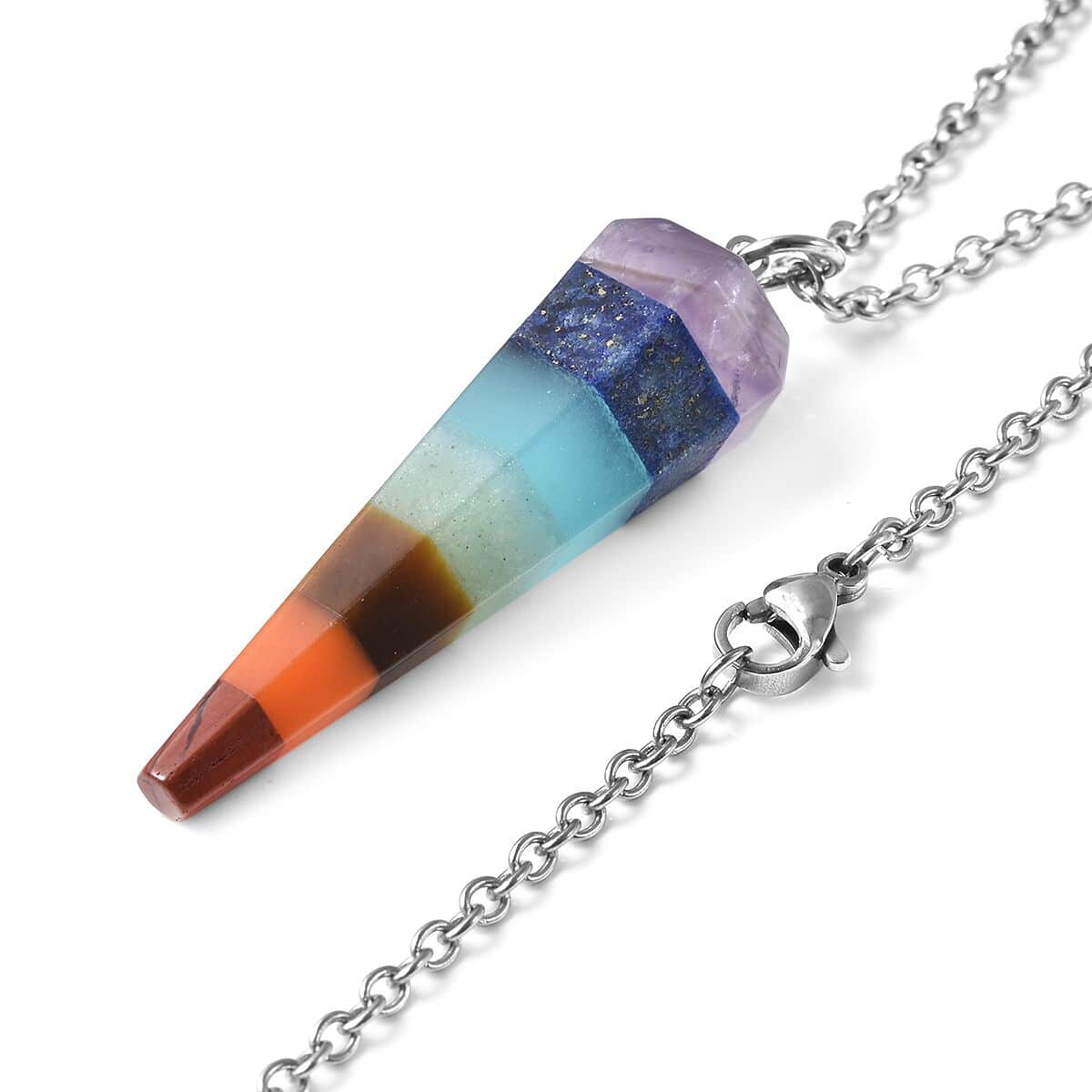 The 7 Chakras Jewelry Gift Set with Multi Gemstone Conical Crystal Pendant Necklace (24 Inches) in Silvertone and Stainless Steel 39.50 ctw image number 4