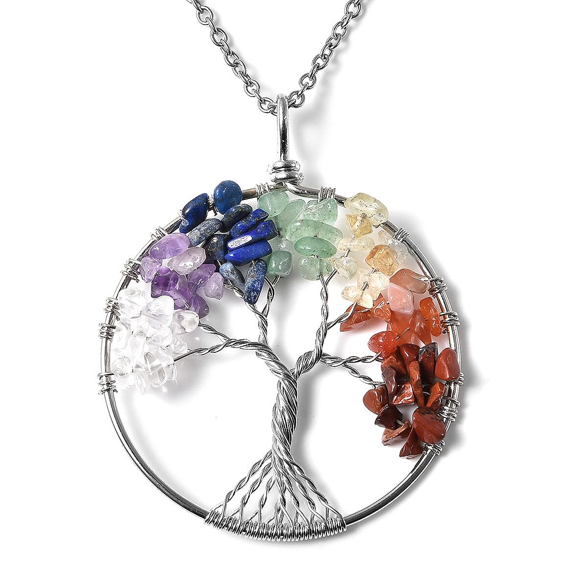 Tree of Life 7 Chakra Gift Set, Multi Gemstone Pendant Necklace 24 Inches in Silvertone and Stainless Steel 17.00 ctw