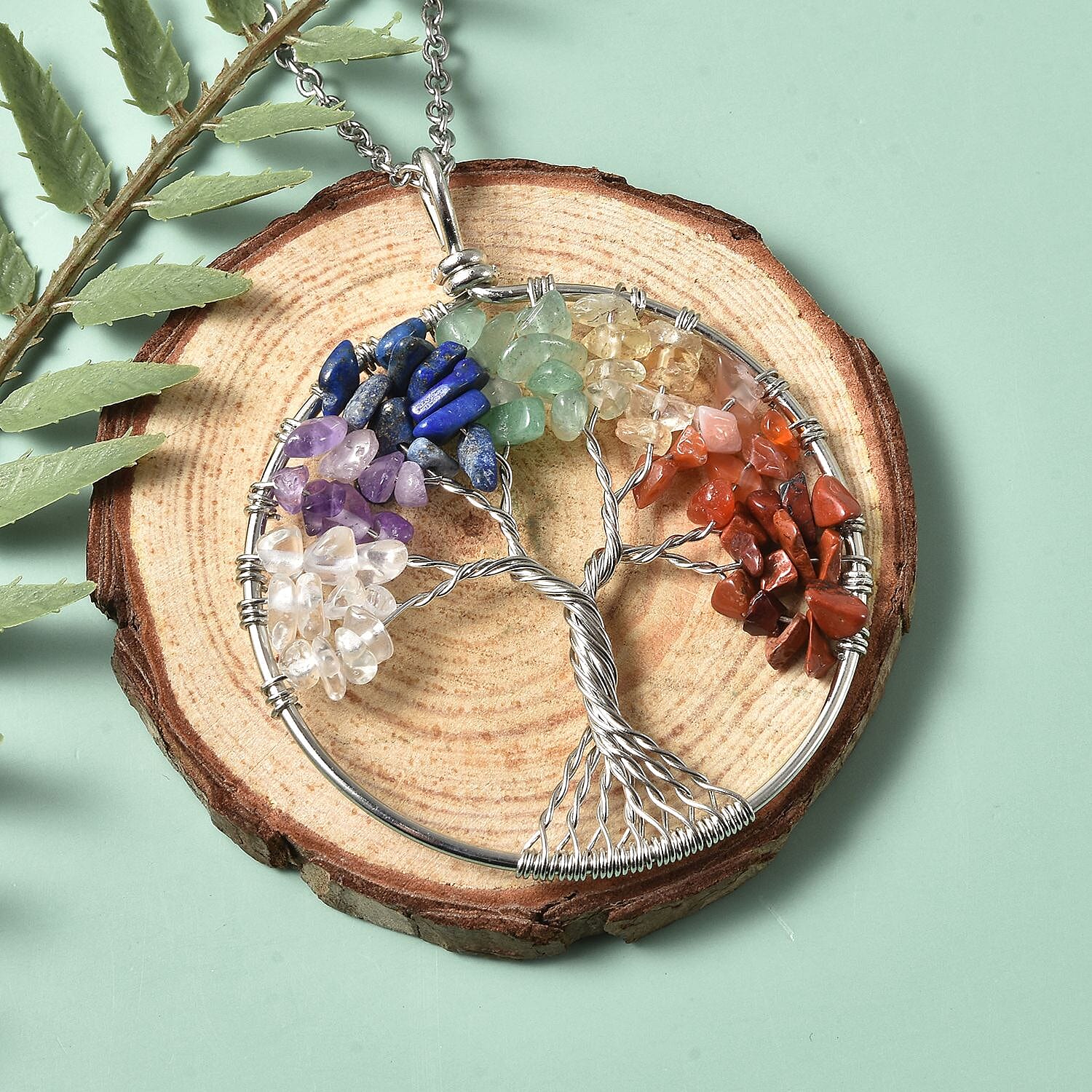 Tree of Life 7 Chakra Gift Set, Multi Gemstone Pendant Necklace 24 Inches in Silvertone and Stainless Steel 17.00 ctw