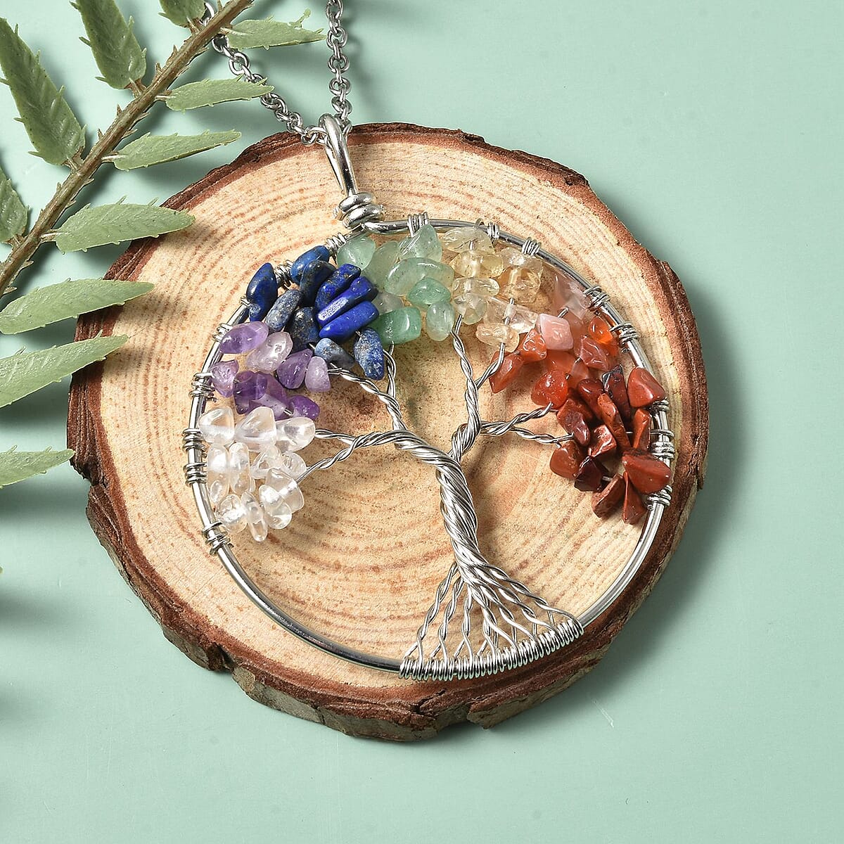 Tree of Life 7 Chakra Gift Set, Multi Gemstone Pendant Necklace 24 Inches in Silvertone and Stainless Steel 17.00 ctw image number 2