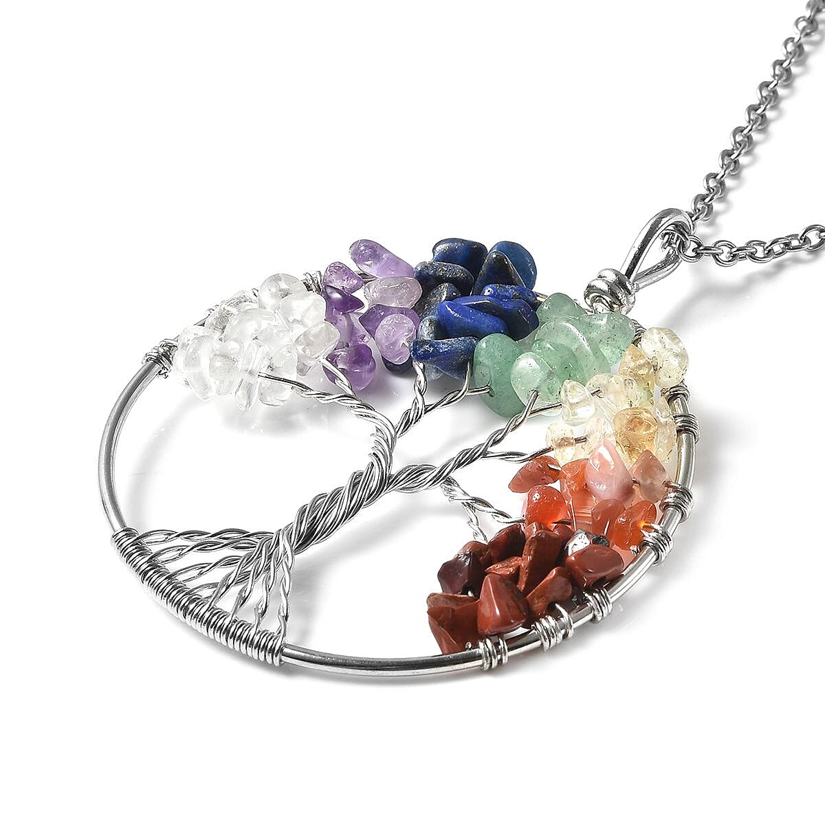 Tree of Life 7 Chakra Gift Set, Multi Gemstone Pendant Necklace 24 Inches in Silvertone and Stainless Steel 17.00 ctw