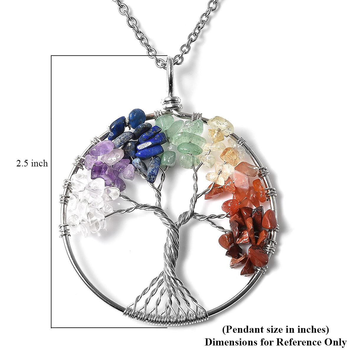 Tree of Life 7 Chakra Gift Set, Multi Gemstone Pendant Necklace 24 Inches in Silvertone and Stainless Steel 17.00 ctw
