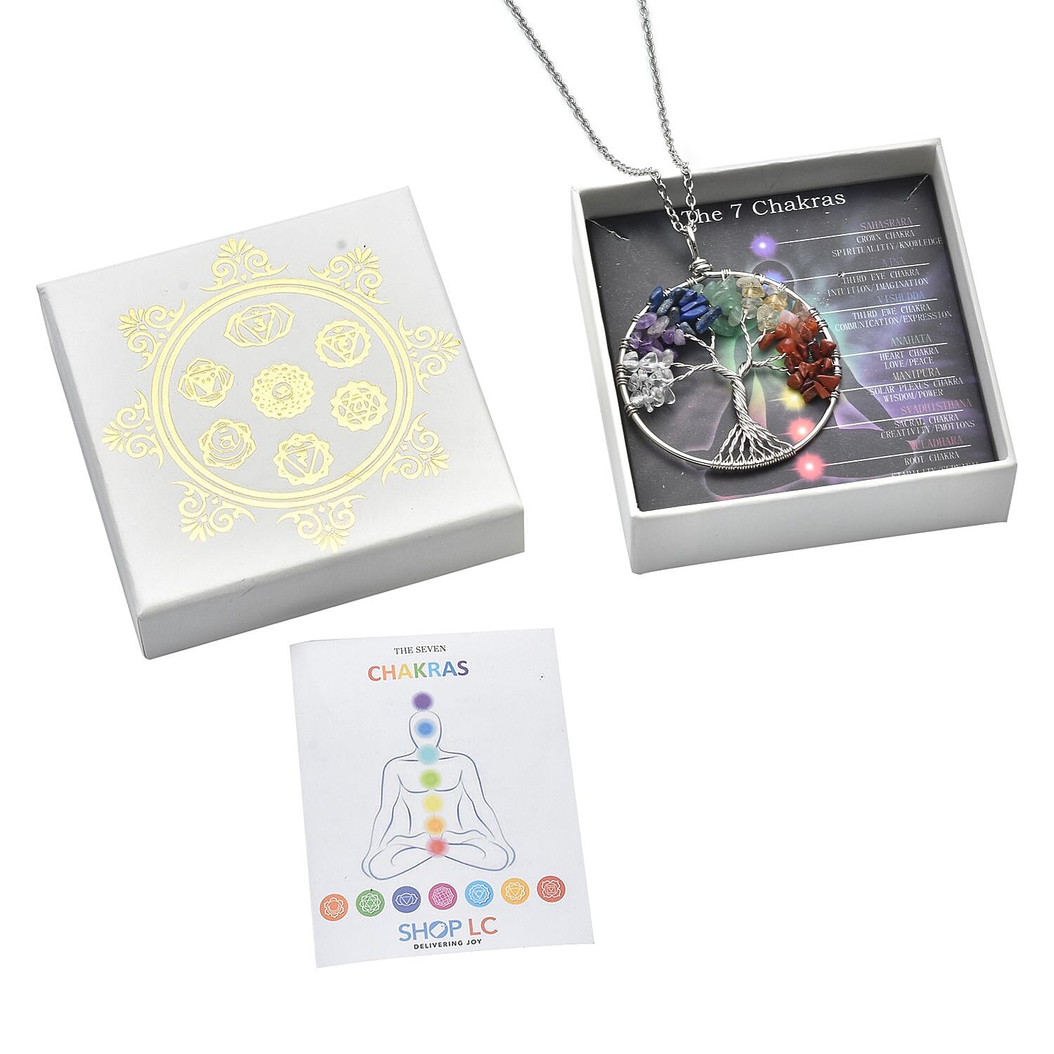 Tree of Life 7 Chakra Gift Set, Multi Gemstone Pendant Necklace 24 Inches in Silvertone and Stainless Steel 17.00 ctw