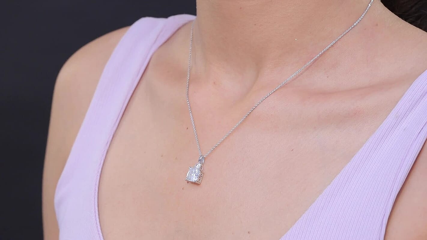 D'Joy Asscher Cut Moissanite 3.15 ctw Pendant Necklace in Rhodium Over Sterling Silver 20 Inches