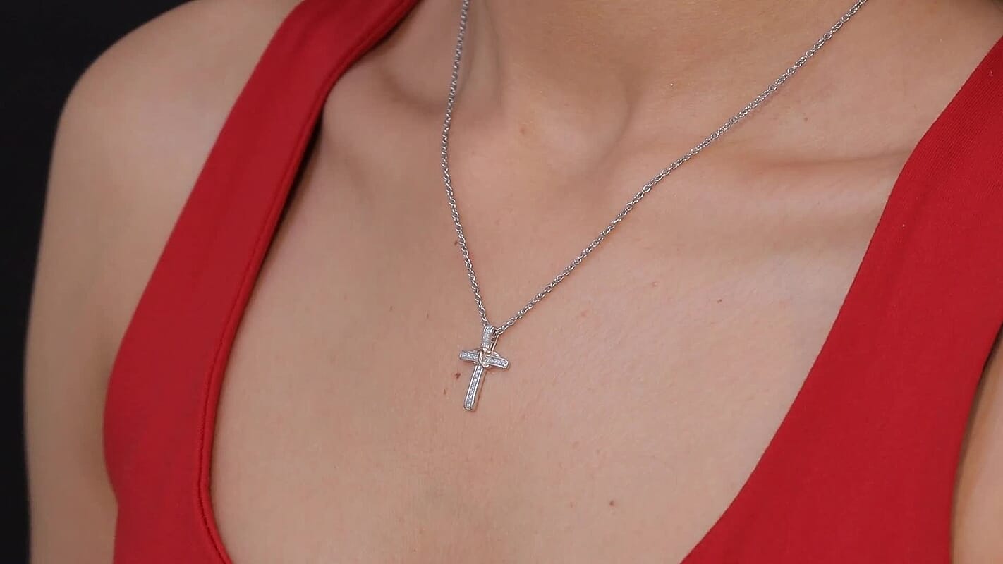 Luxuriant Lab Grown Diamond G-H SI 0.10 ctw Cross with Love Pendant in 18K Vermeil RG and Rhodium Over Sterling Silver with Stainless Steel Necklace 20 Inches