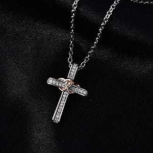 Luxuriant Lab Grown Diamond G-H SI 0.10 ctw Cross with Love Pendant in 18K Vermeil RG and Rhodium Over Sterling Silver with Stainless Steel Necklace 20 Inches