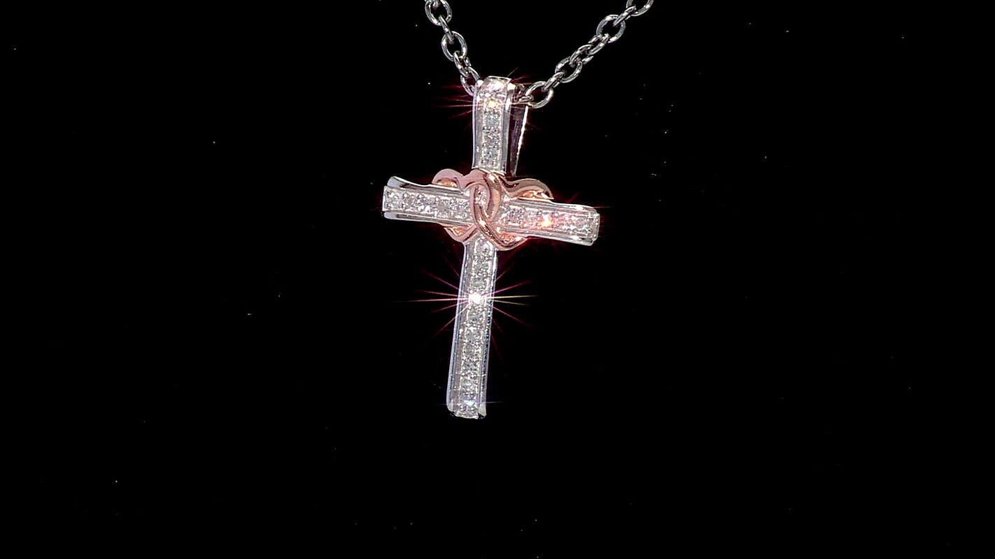 Luxuriant Lab Grown Diamond G-H SI 0.10 ctw Cross with Love Pendant in 18K Vermeil RG and Rhodium Over Sterling Silver with Stainless Steel Necklace 20 Inches