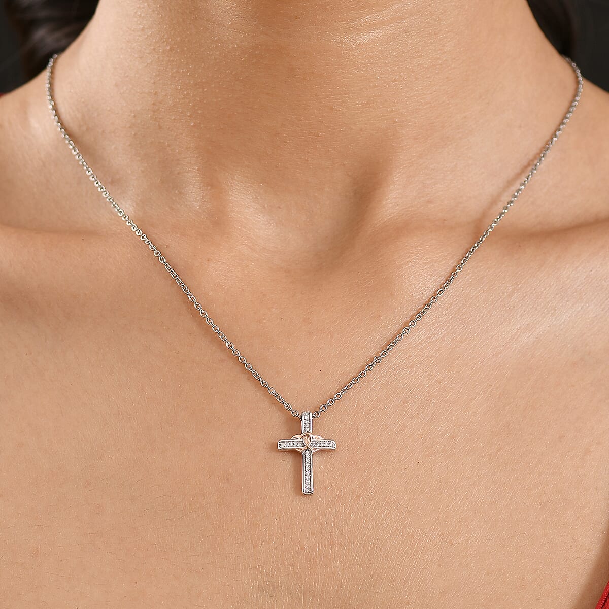 Luxuriant Lab Grown Diamond G-H SI 0.10 ctw Cross with Love Pendant in 18K Vermeil RG and Rhodium Over Sterling Silver with Stainless Steel Necklace 20 Inches image number 2