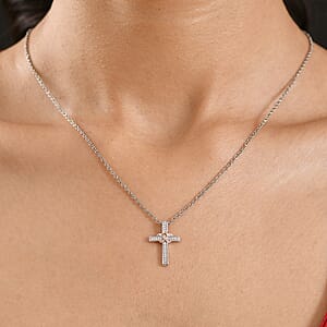 Luxuriant Lab Grown Diamond G-H SI 0.10 ctw Cross with Love Pendant in 18K Vermeil RG and Rhodium Over Sterling Silver with Stainless Steel Necklace 20 Inches