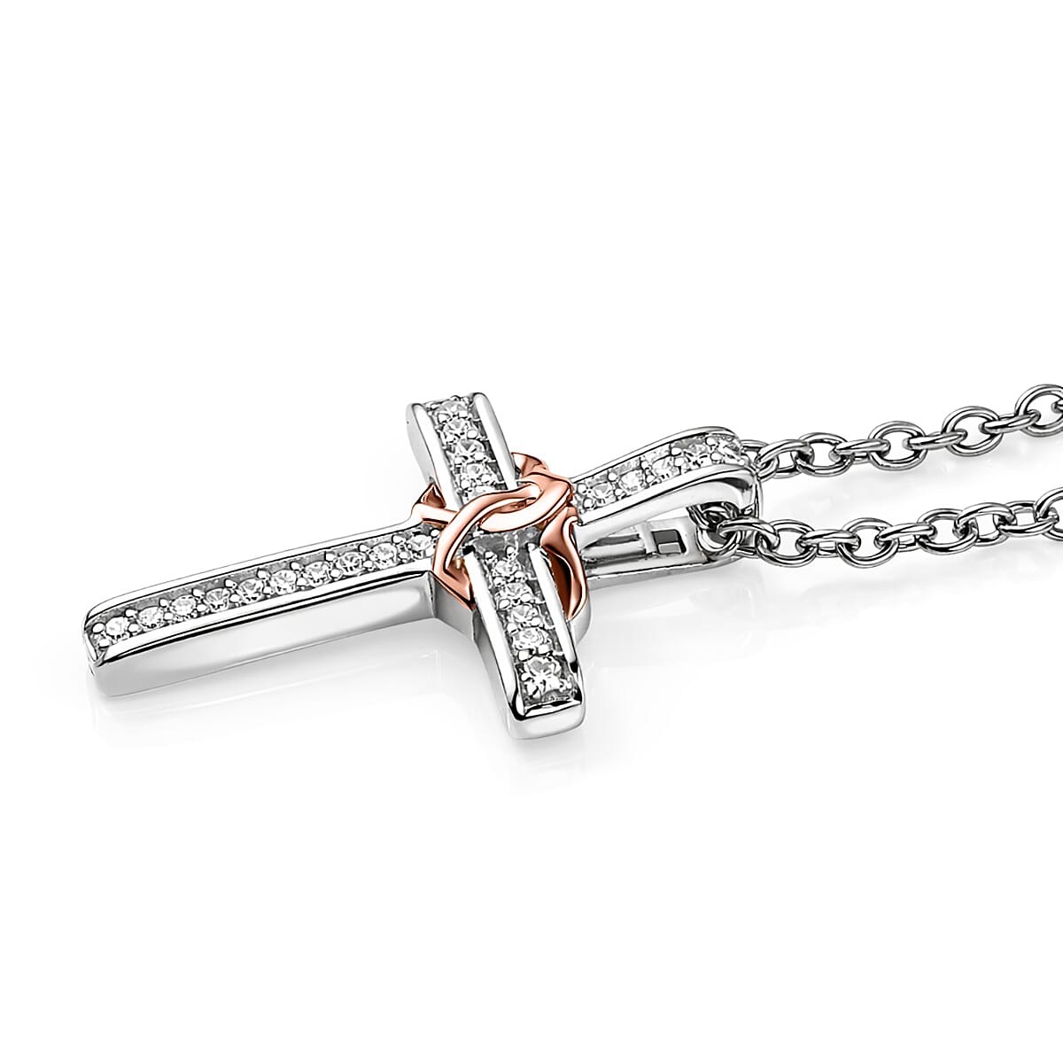 Luxuriant Lab Grown Diamond G-H SI 0.10 ctw Cross with Love Pendant in 18K Vermeil RG and Rhodium Over Sterling Silver with Stainless Steel Necklace 20 Inches image number 3