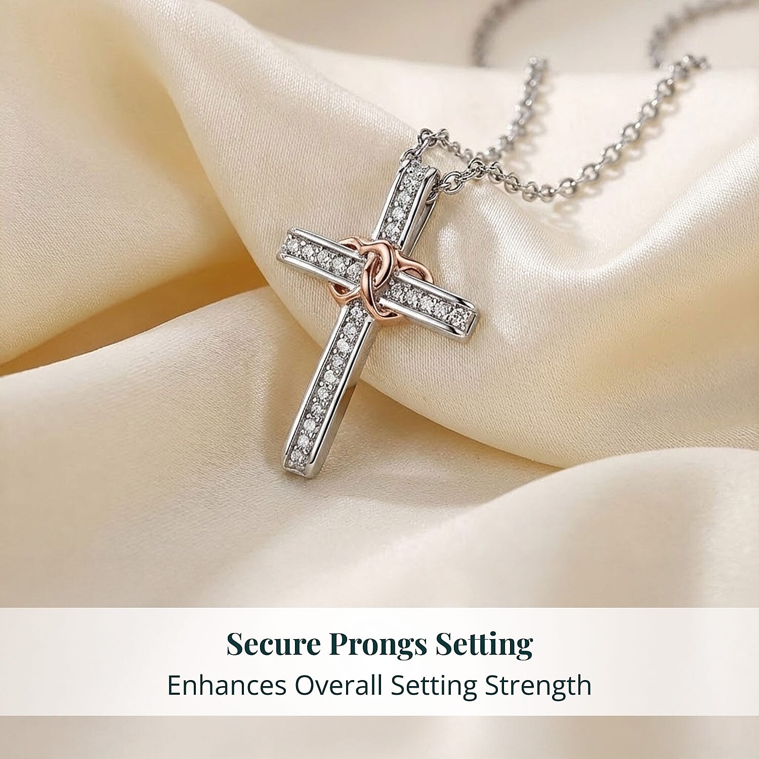 Luxuriant Lab Grown Diamond G-H SI 0.10 ctw Cross with Love Pendant in 18K Vermeil RG and Rhodium Over Sterling Silver with Stainless Steel Necklace 20 Inches