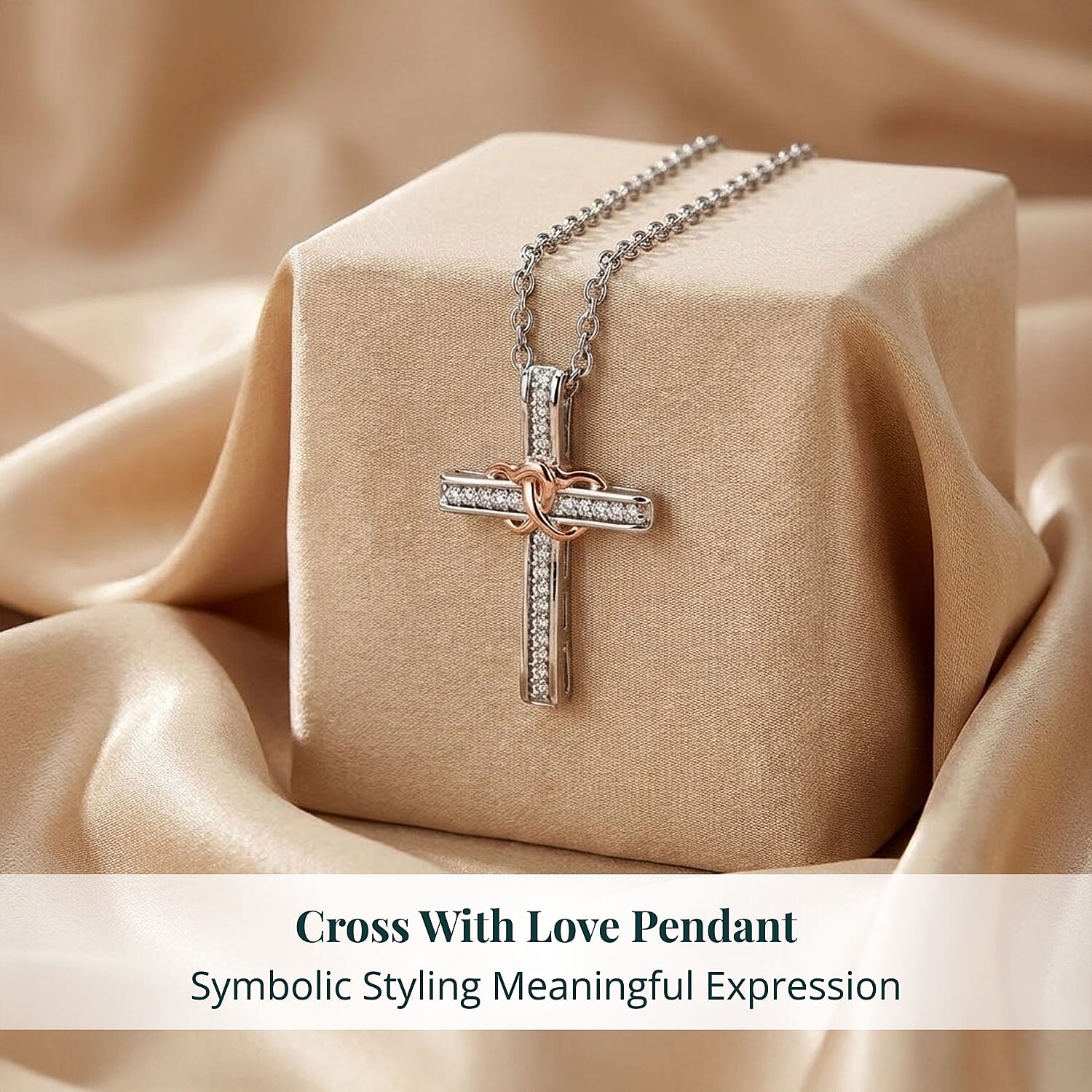 Luxuriant Lab Grown Diamond G-H SI 0.10 ctw Cross with Love Pendant in 18K Vermeil RG and Rhodium Over Sterling Silver with Stainless Steel Necklace 20 Inches