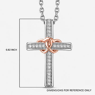 Luxuriant Lab Grown Diamond G-H SI 0.10 ctw Cross with Love Pendant in 18K Vermeil RG and Rhodium Over Sterling Silver with Stainless Steel Necklace 20 Inches