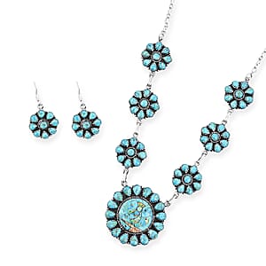 2 Piece Set - Santa Fe Style Kingman Turquoise and Multi Gemstone 15.30 ctw Necklace 20 Inches and Earrings in Sterling Silver