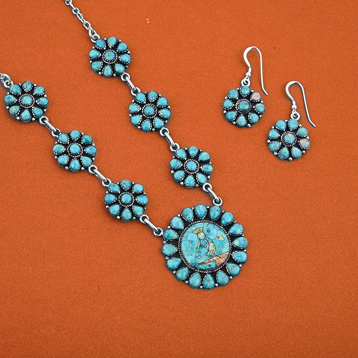 2 Piece Set - Santa Fe Style Kingman Turquoise, Multi Gemstone Necklace (20 Inches) and Earrings in Sterling Silver 15.30 ctw image number 1