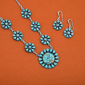2 Piece Set - Santa Fe Style Kingman Turquoise and Multi Gemstone 15.30 ctw Necklace 20 Inches and Earrings in Sterling Silver