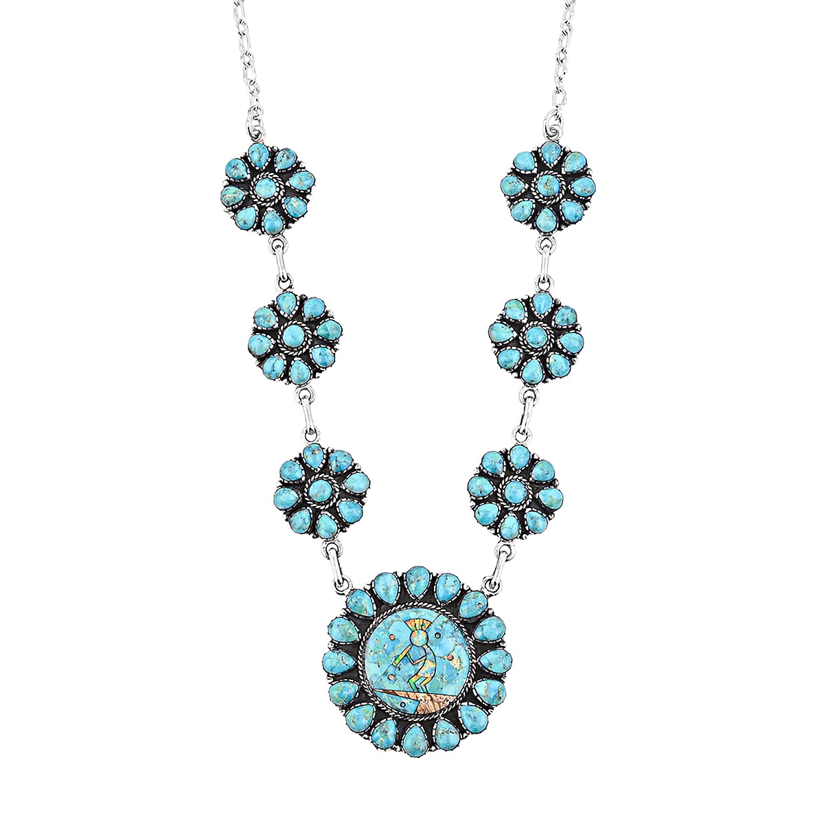 2 Piece Set - Santa Fe Style Kingman Turquoise, Multi Gemstone Necklace (20 Inches) and Earrings in Sterling Silver 15.30 ctw image number 3