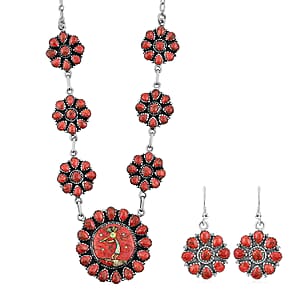 2 Piece Set - Santa Fe Style Red Coral, Multi Gemstone 15.30 ctw Necklace 20 Inches and Earrings in Sterling Silver