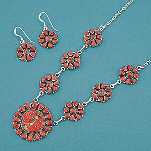 2 Piece Set - Santa Fe Style Red Coral, Multi Gemstone 15.30 ctw Necklace 20 Inches and Earrings in Sterling Silver
