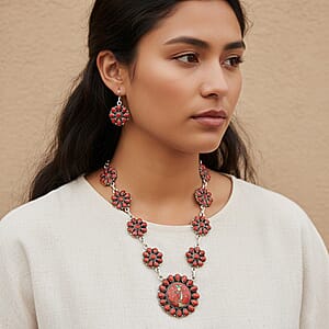 2 Piece Set - Santa Fe Style Red Coral, Multi Gemstone 15.30 ctw Necklace 20 Inches and Earrings in Sterling Silver