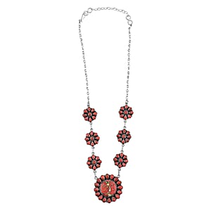 2 Piece Set - Santa Fe Style Red Coral, Multi Gemstone 15.30 ctw Necklace 20 Inches and Earrings in Sterling Silver