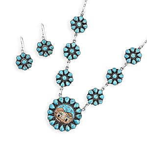 2 Piece Set - Santa Fe Style Kingman Turquoise, Multi Gemstone Necklace (20 Inches) and Earrings in Sterling Silver 15.20 ctw