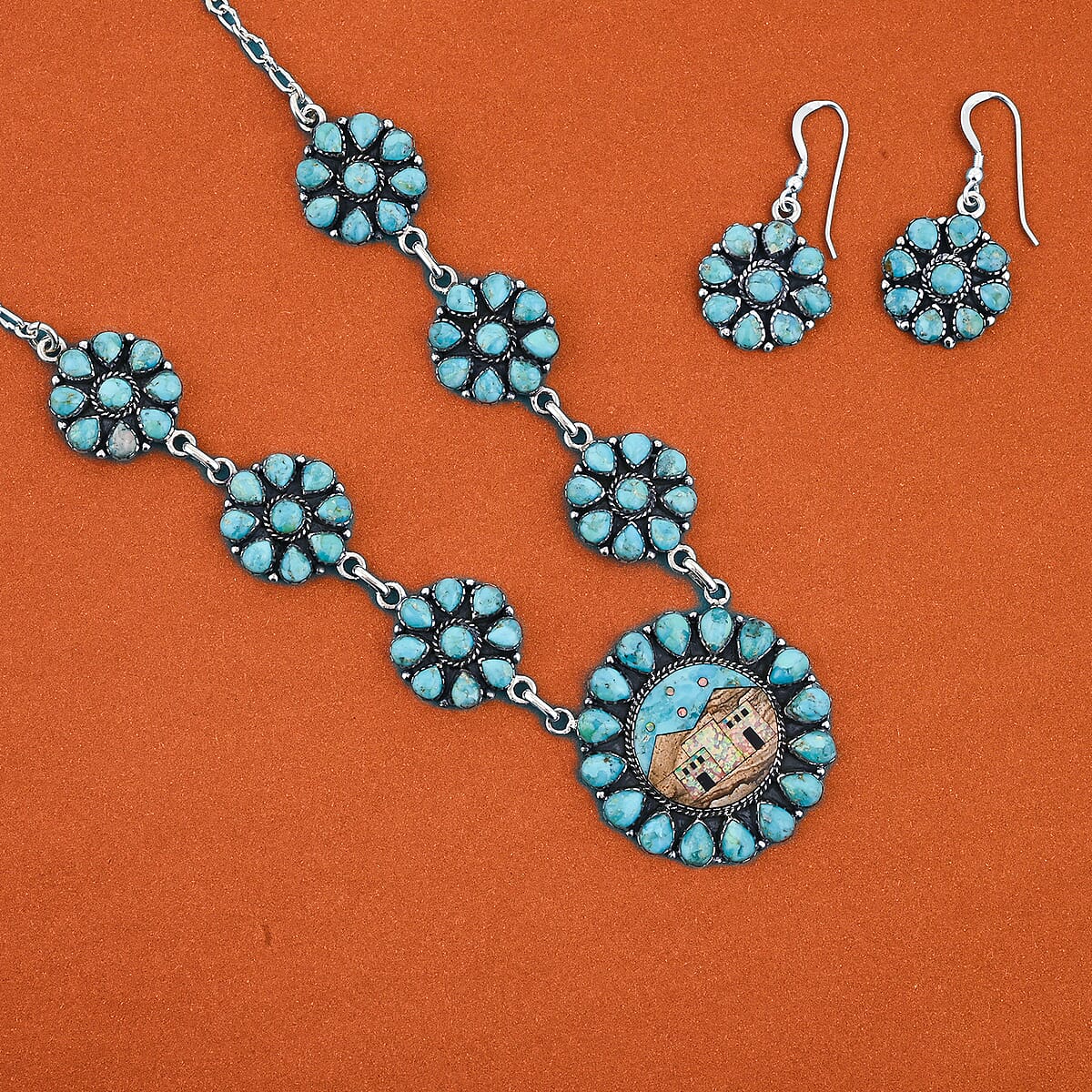 2 Piece Set - Santa Fe Style Kingman Turquoise, Multi Gemstone Necklace (20 Inches) and Earrings in Sterling Silver 15.20 ctw image number 1