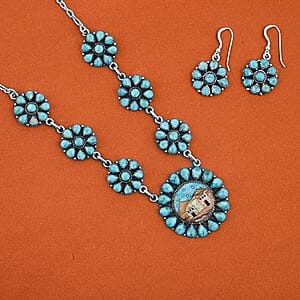 2 Piece Set - Santa Fe Style Kingman Turquoise, Multi Gemstone Necklace (20 Inches) and Earrings in Sterling Silver 15.20 ctw