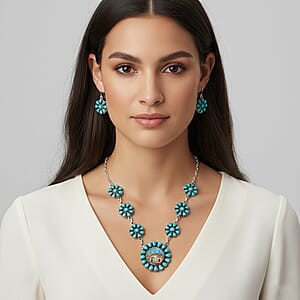 2 Piece Set - Santa Fe Style Kingman Turquoise, Multi Gemstone Necklace (20 Inches) and Earrings in Sterling Silver 15.20 ctw