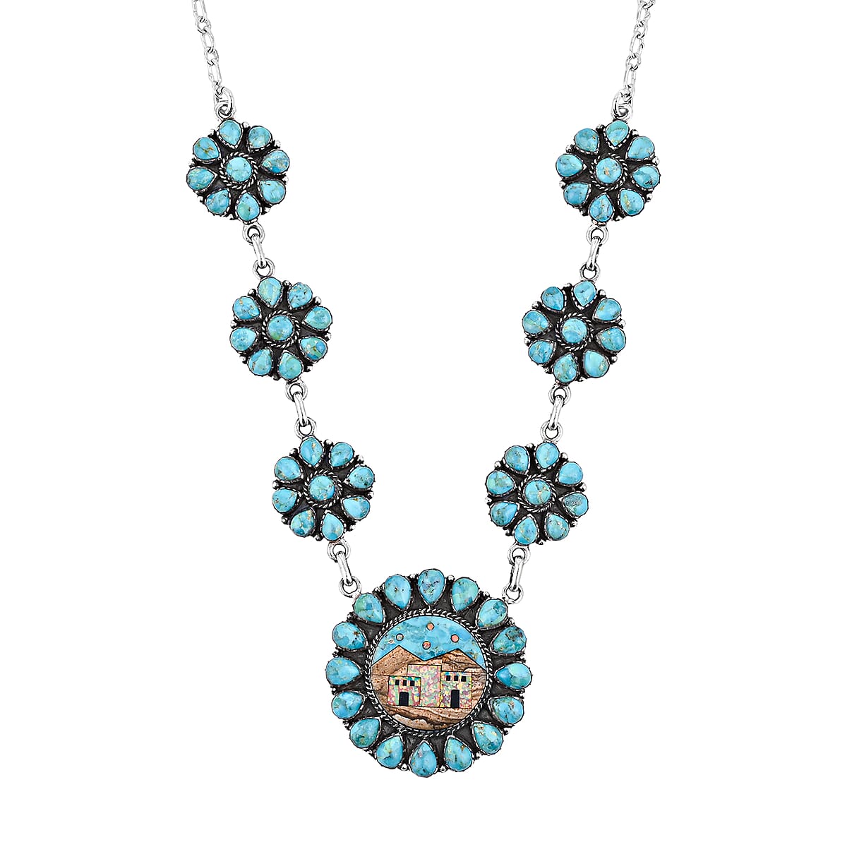 2 Piece Set - Santa Fe Style Kingman Turquoise, Multi Gemstone Necklace (20 Inches) and Earrings in Sterling Silver 15.20 ctw image number 3