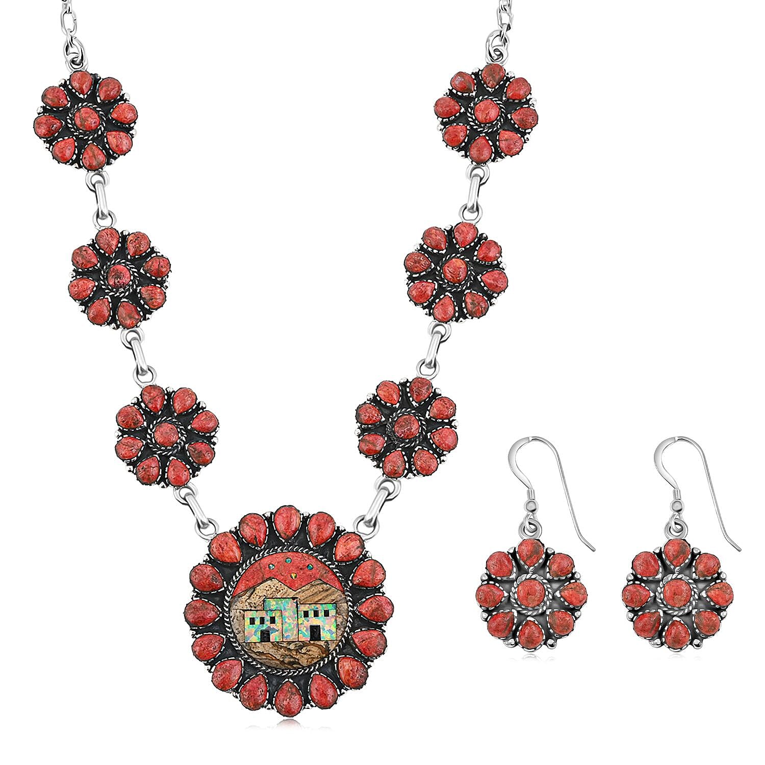 2 Piece Set - Santa Fe Style Red Coral, Multi Gemstone 32.30 ctw Necklace 20 Inches and Earrings in Sterling Silver