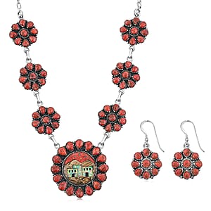 2 Piece Set - Santa Fe Style Red Coral, Multi Gemstone 32.30 ctw Necklace 20 Inches and Earrings in Sterling Silver